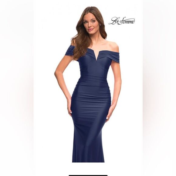 La Femme 30582 Off The Shoulder Jersey Gown Navy NWT 14 MSRP $ 389.00 - Picture 1 of 6